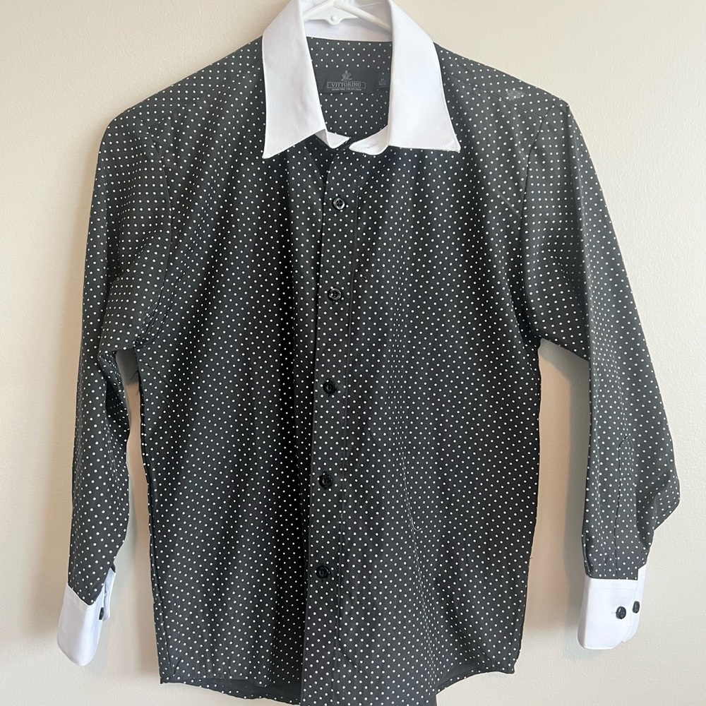 Vittorio Black and White Boys Dress Shirt white Polka Dot Design size M 10/12